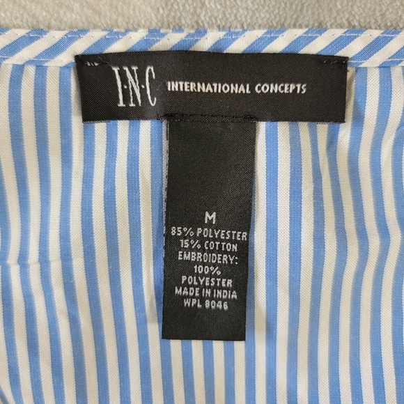 INC International Concepts Blue Striped Pink Floral Balloon Sleeve Blouse Medium - Picture 9 of 12